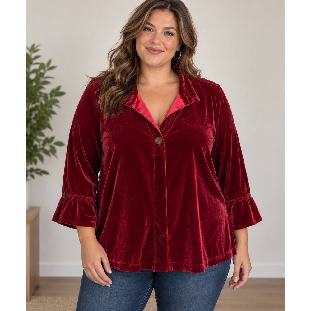 NWT John Mark Velvet Shirt Womens 1X Ruby Red Cozy Holiday Festive Luxury $119